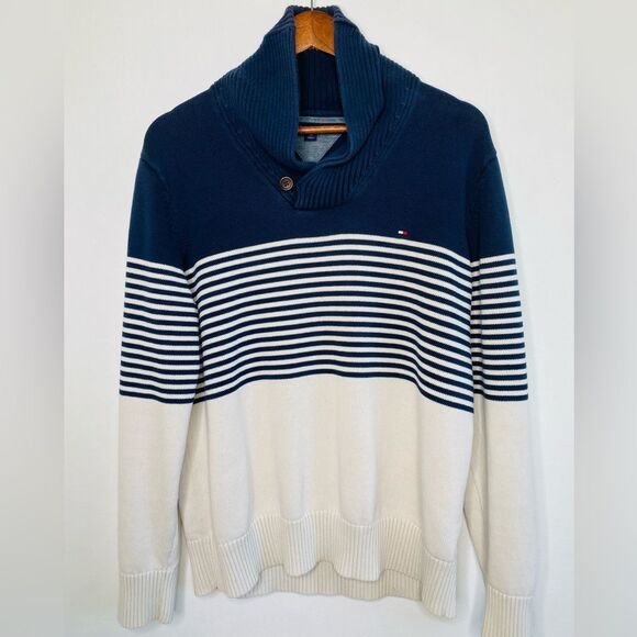 Tommy Hilfiger Cowl neck Sweater Striped Navy blue Size Large - Picture 1 of 7